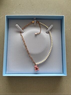 Swarovski Pearl & Rose Gold Chain Necklace with Pink Teddy Charm